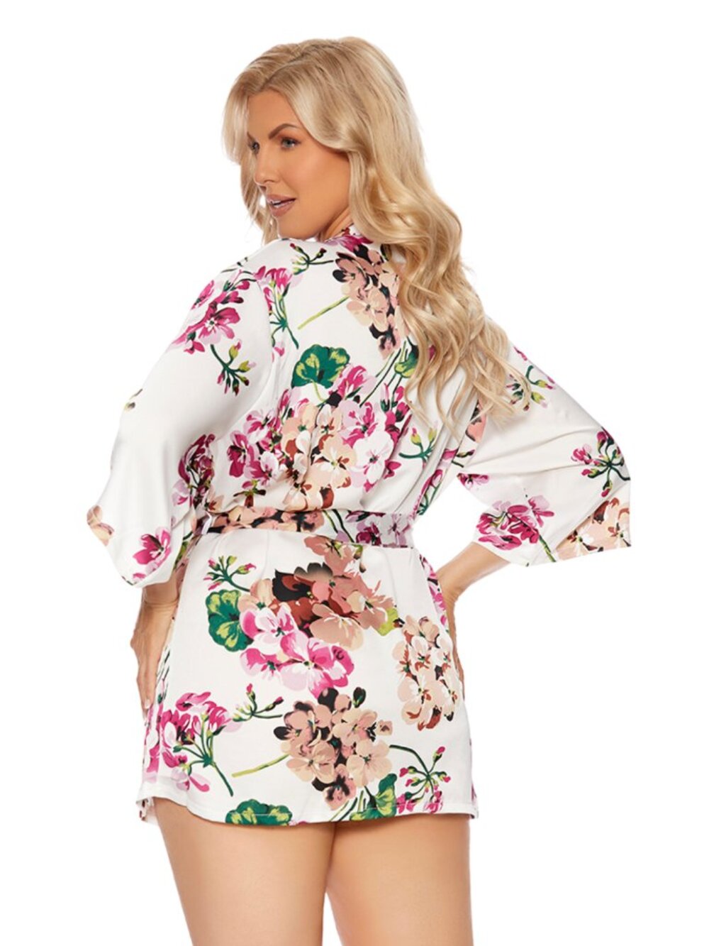 Plus Size Floral Charmeuse Kimono Robe Short Satin Lingerie Robe with Belt - Picture 4 of 10